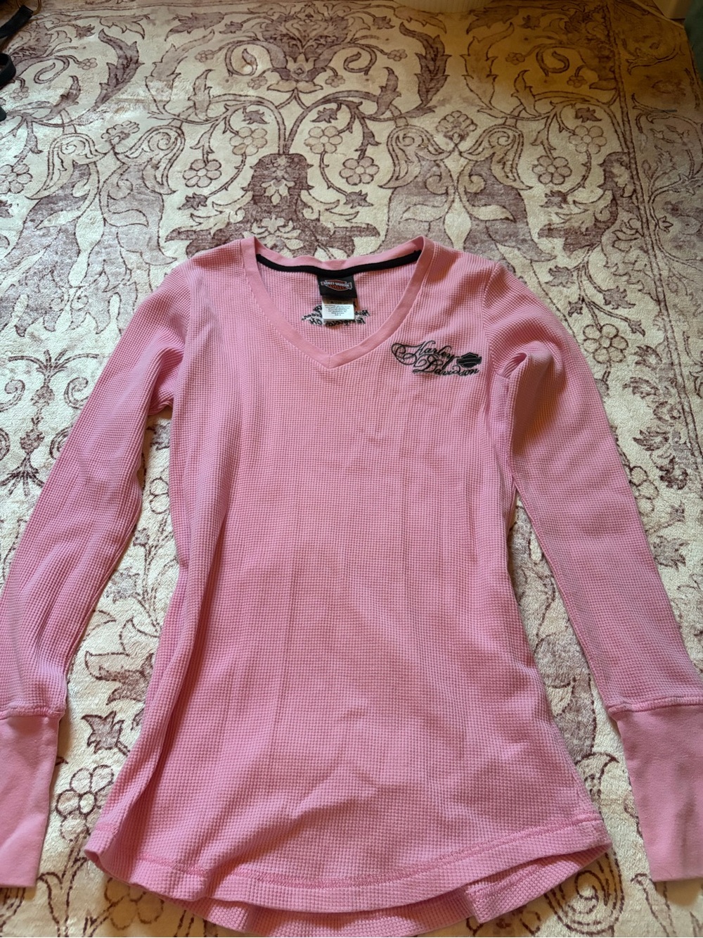 Harley Davidson Pink Waffle Knit Long Sleeve V Neck Top